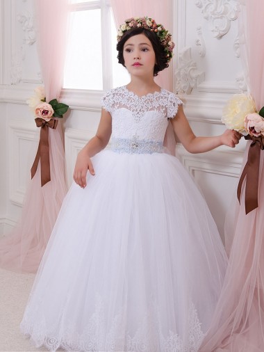 Boutique Ivoire Princesse Tulle Dentelle Longue Robes de demoiselle d'honneur - fillette
