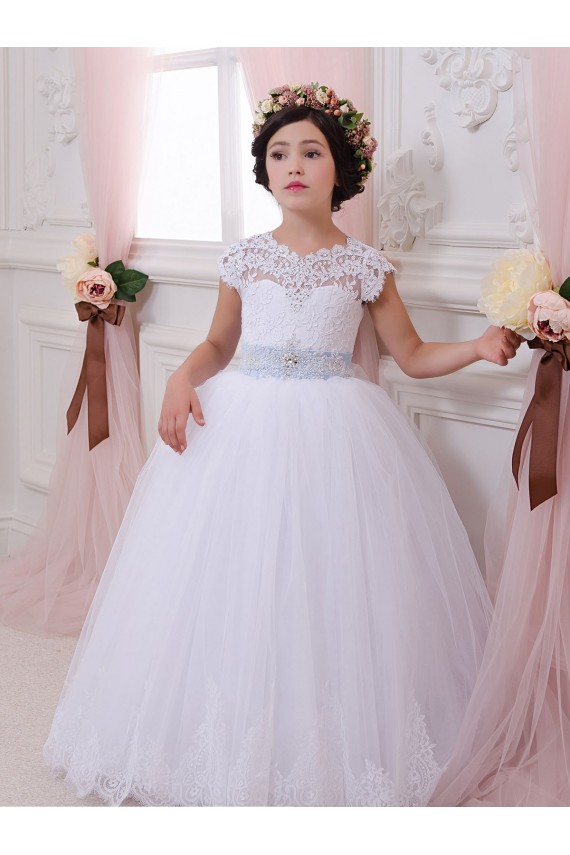 Boutique Ivoire Princesse Tulle Dentelle Longue Robes de demoiselle d'honneur - fillette