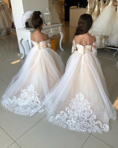 Boutique Ivoire Princesse Tulle Dentelle Longue Robes de demoiselle d'honneur - fillette