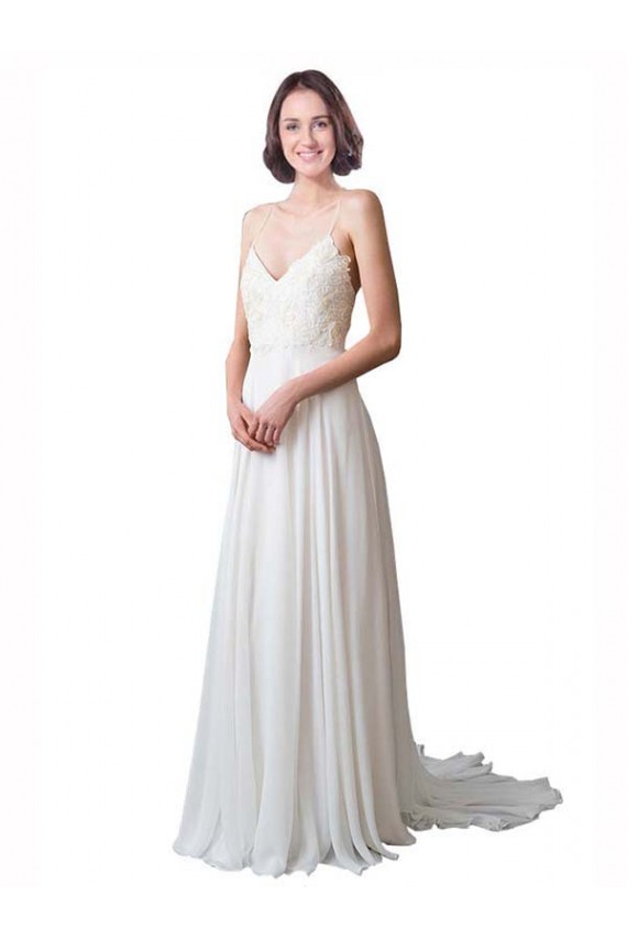 Boutique Ivoire Trapèze Bretelles spaghetti Col V Mousseline Dentelle Plage Robes de mariée