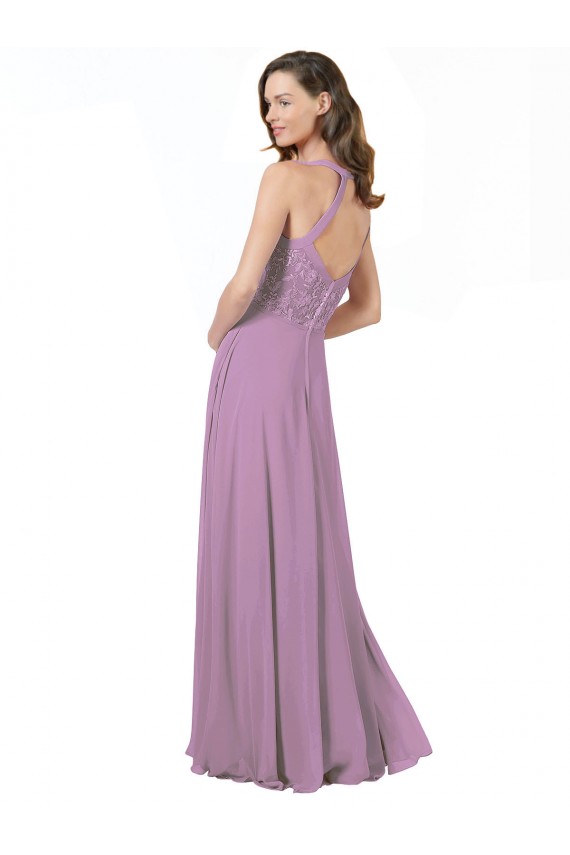 Boutique Lavande foncée Trapèze Bretelles spaghetti Mousseline Dentelle Longue Robes demoiselle d'honneur