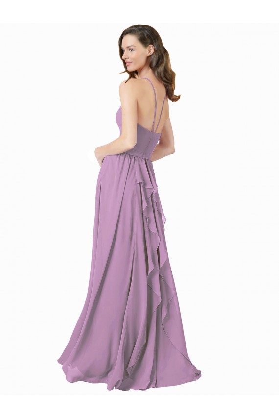 Boutique Lavande foncée Trapèze Licou Mousseline Longue Robes demoiselle d'honneur