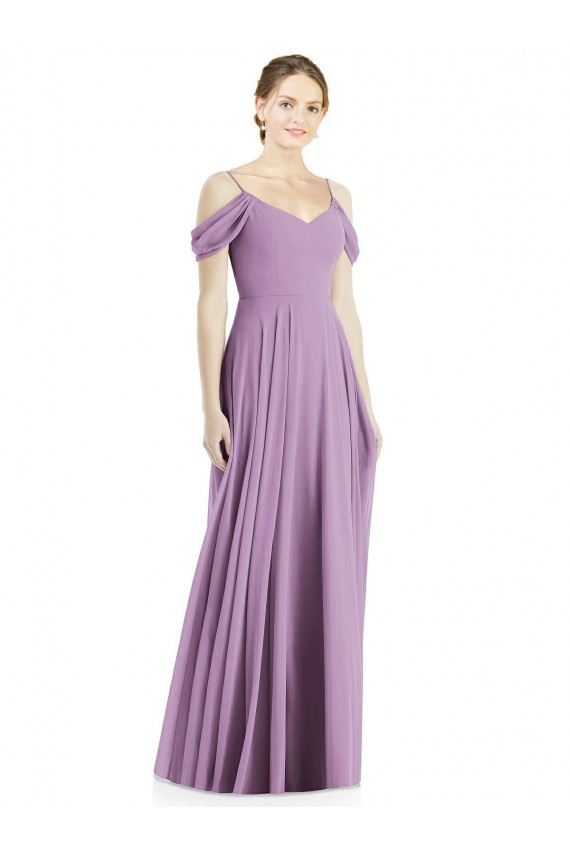 Boutique Lavande foncée Trapèze Épaule Dénudée Bretelles spaghetti Mousseline Longue Robes demoiselle d'honneur