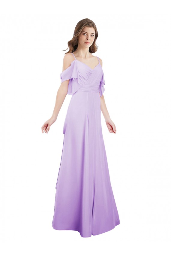 Boutique Lilas Trapèze Épaule Dénudée Bretelles spaghetti Mousseline Longue Robes demoiselle d'honneur