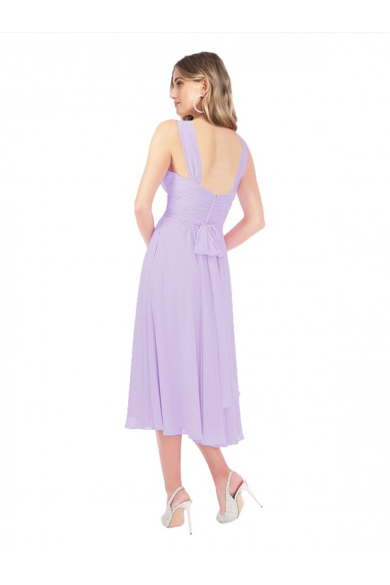 Boutique Lilas Trapèze midi Mousseline Courte Asymétrique Robes demoiselle d'honneur / Robes de cocktail