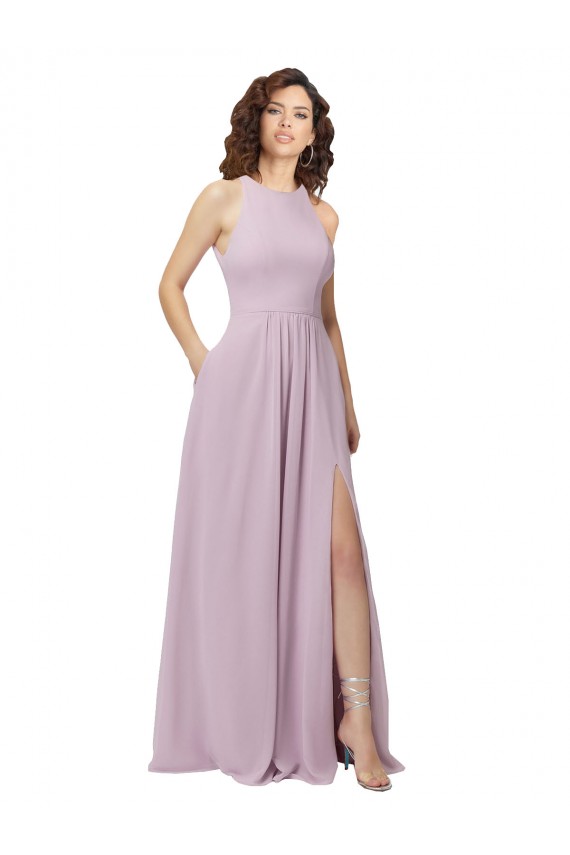 Boutique Lueur rose Trapèze Licou Col Haut Mousseline Longue Robes demoiselle d'honneur