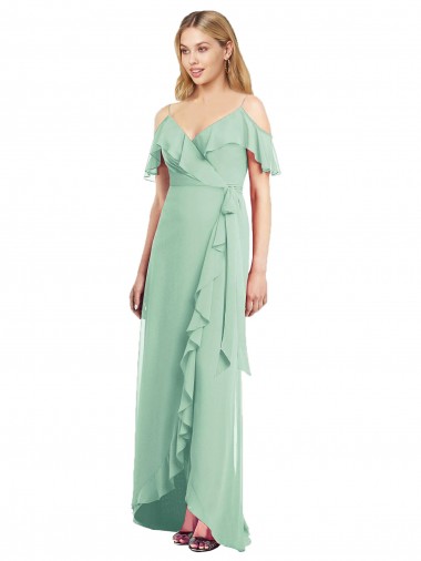 Boutique Menthe verte Trompette Bretelles spaghetti Col V Mousseline Longue Asymétrique Robes demoiselle d'honneur