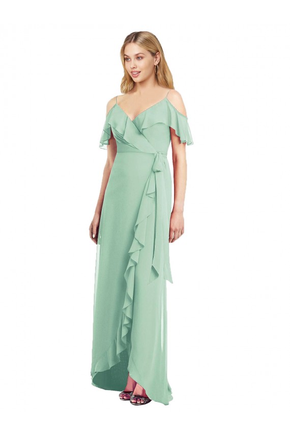 Boutique Menthe verte Trompette Bretelles spaghetti Col V Mousseline Longue Asymétrique Robes demoiselle d'honneur