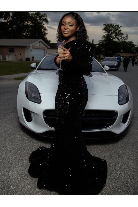 Boutique Noir Fourreau Balayage train Paillettes Velours Longue Robes de bal