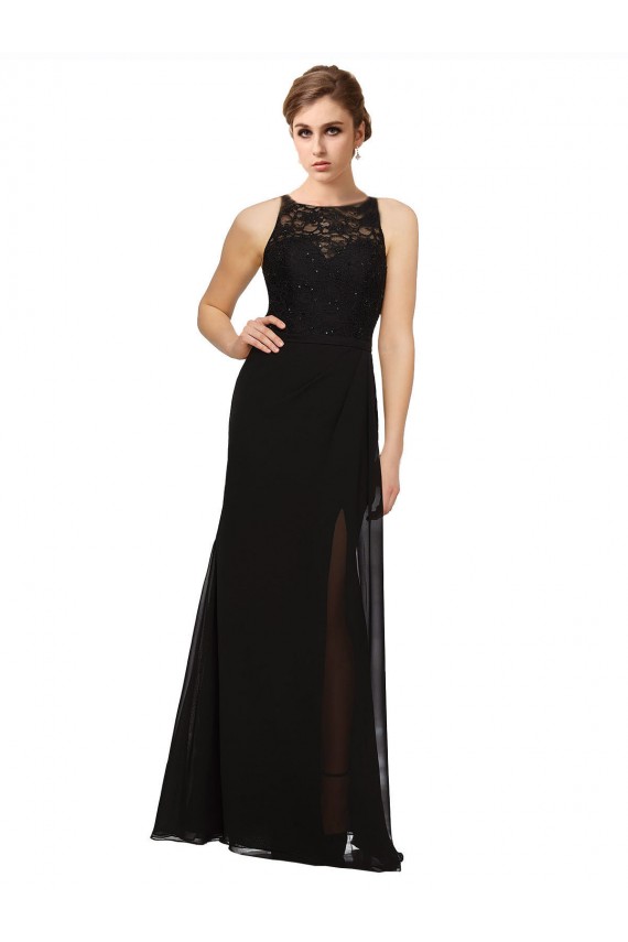 Boutique Noir Fourreau Col Haut Mousseline Dentelle Longue Robes demoiselle d'honneur