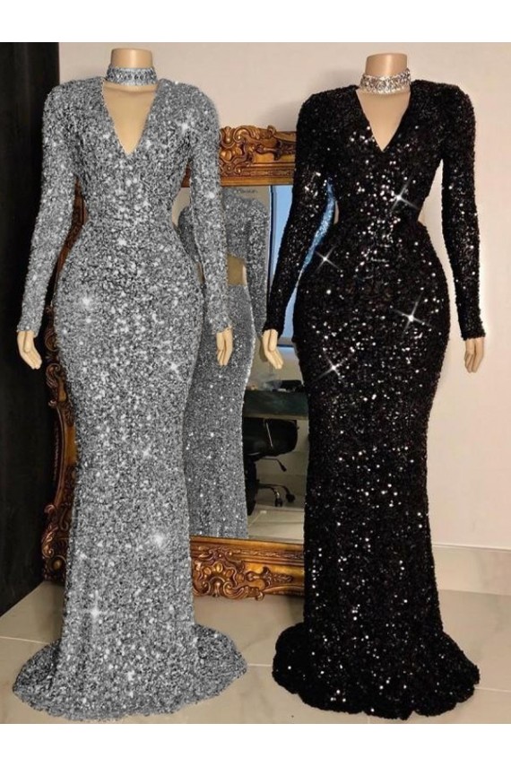 Boutique Noir Fourreau Col V Balayage train Paillettes Velours Longue Robes de bal