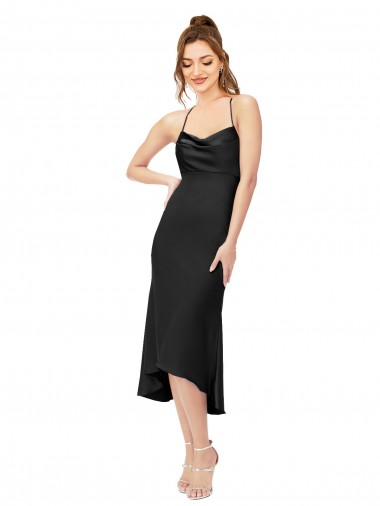 Boutique Noir Fourreau midi Satiné Soyeux Courte Asymétrique Robes demoiselle d'honneur / Robes de soirée / Robes de cocktail