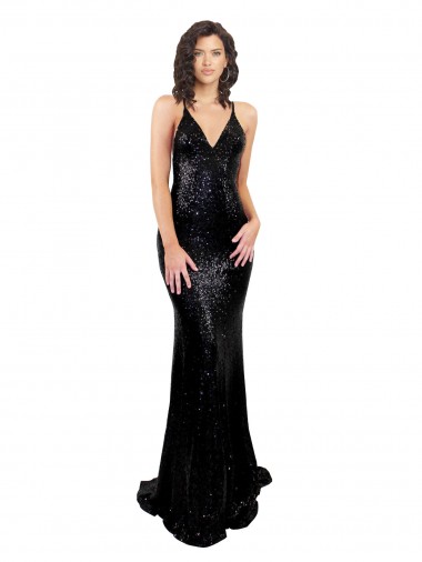 Boutique Noir Sirène Col V Paillette Longue Formelles Robes demoiselle d'honneur / Robes de soirée / Robes de bal