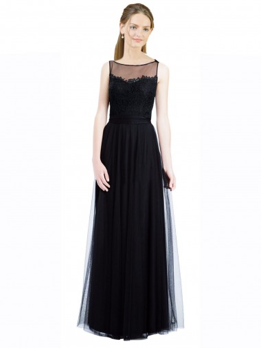 Boutique Noir Trapèze Bateau Illusion Tulle Dentelle Longue Robes demoiselle d'honneur