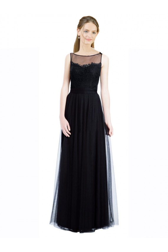 Boutique Noir Trapèze Bateau Illusion Tulle Dentelle Longue Robes demoiselle d'honneur