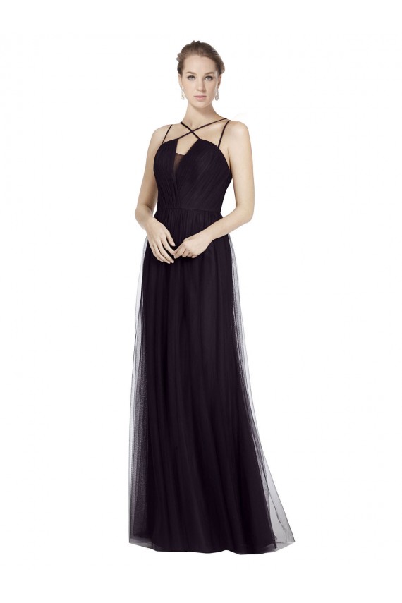 Boutique Noir Trapèze Bretelles spaghetti Col Haut Tulle Longue Robes demoiselle d'honneur