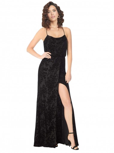 Boutique Noir Trapèze Bretelles spaghetti Velours Floral Velours Stretch Longue Robes demoiselle d'honneur