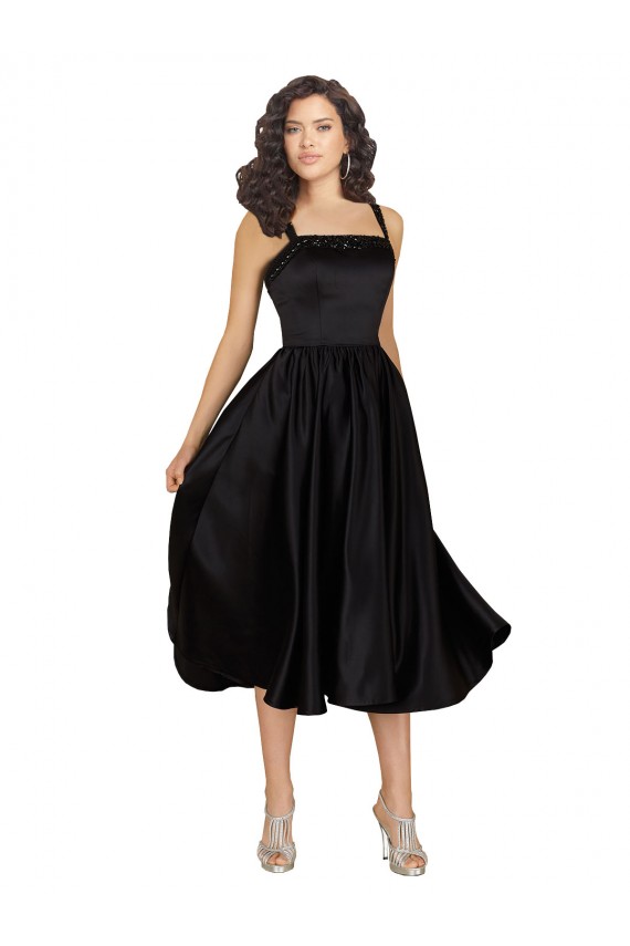 Boutique Noir Trapèze Col Carré Satiné Courte Robes demoiselle d'honneur / Robes de bal / Robes de cocktail