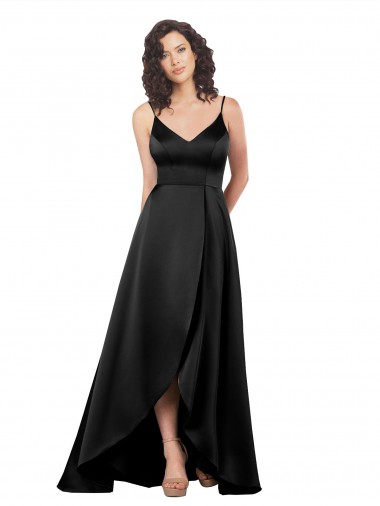 Boutique Noir Trapèze Col V Satiné Soyeux Longue Asymétrique Formelles Robes demoiselle d'honneur / Robes de soirée / Robes de bal