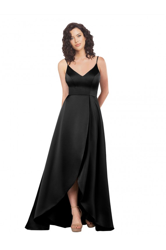 Boutique Noir Trapèze Col V Satiné Soyeux Longue Asymétrique Formelles Robes demoiselle d'honneur / Robes de soirée / Robes de bal