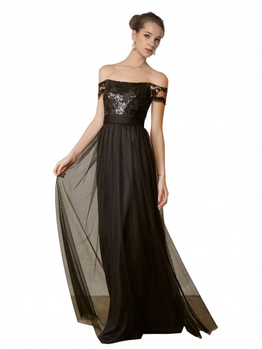 Boutique Noir Trapèze Épaule Dénudée Tulle Paillette Longue Robes demoiselle d'honneur