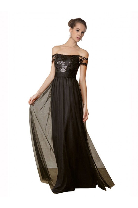 Boutique Noir Trapèze Épaule Dénudée Tulle Paillette Longue Robes demoiselle d'honneur
