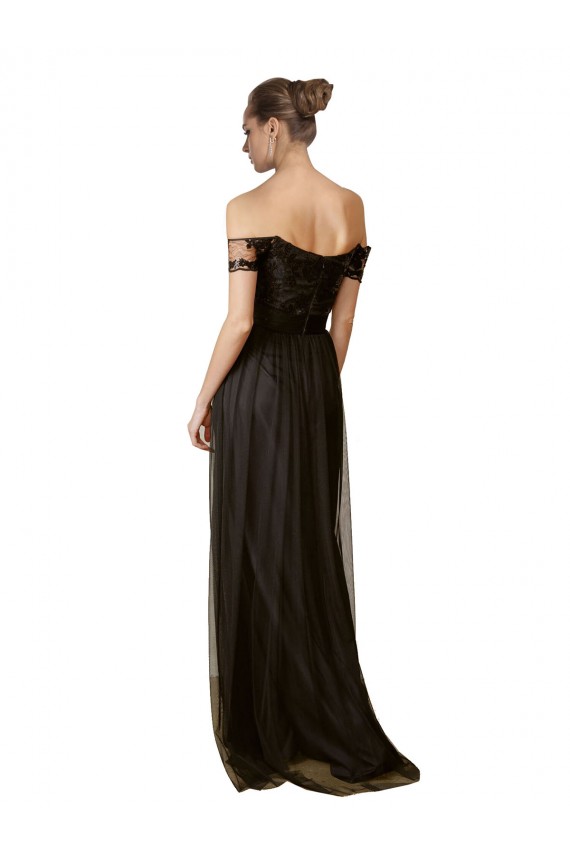 Boutique Noir Trapèze Épaule Dénudée Tulle Paillette Longue Robes demoiselle d'honneur