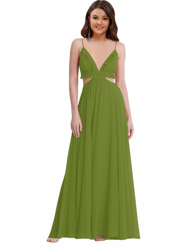 Boutique Olive verte Trapèze Col V Mousseline Longue Robes demoiselle d'honneur