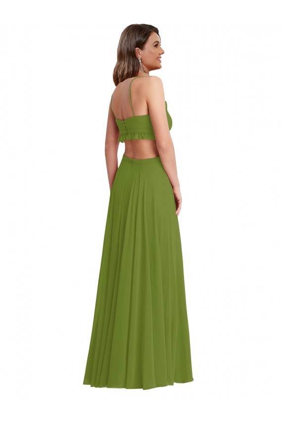 Boutique Olive verte Trapèze Col V Mousseline Longue Robes demoiselle d'honneur