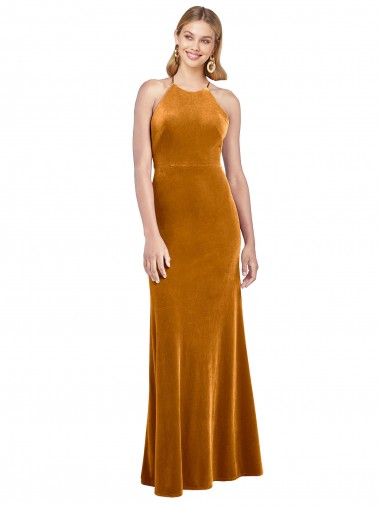 Boutique Or Trapèze Licou Col Haut Velours Stretch Longue Formelles Robes demoiselle d'honneur / Robes de soirée / Robes de bal