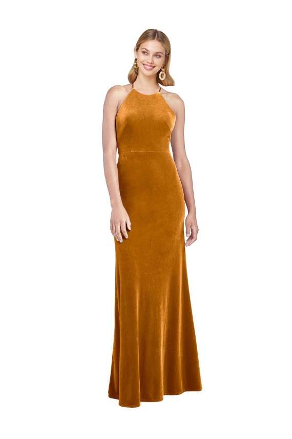 Boutique Or Trapèze Licou Col Haut Velours Stretch Longue Formelles Robes demoiselle d'honneur / Robes de soirée / Robes de bal