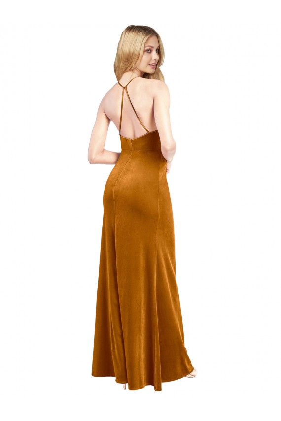 Boutique Or Trapèze Licou Col Haut Velours Stretch Longue Formelles Robes demoiselle d'honneur / Robes de soirée / Robes de bal