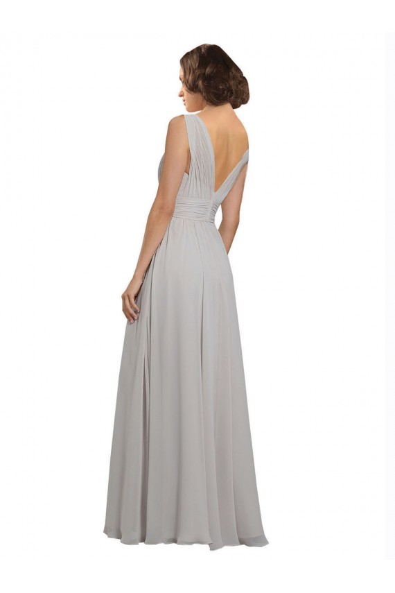 Boutique Oyster Argent Trapèze Col V Mousseline Longue Robes demoiselle d'honneur