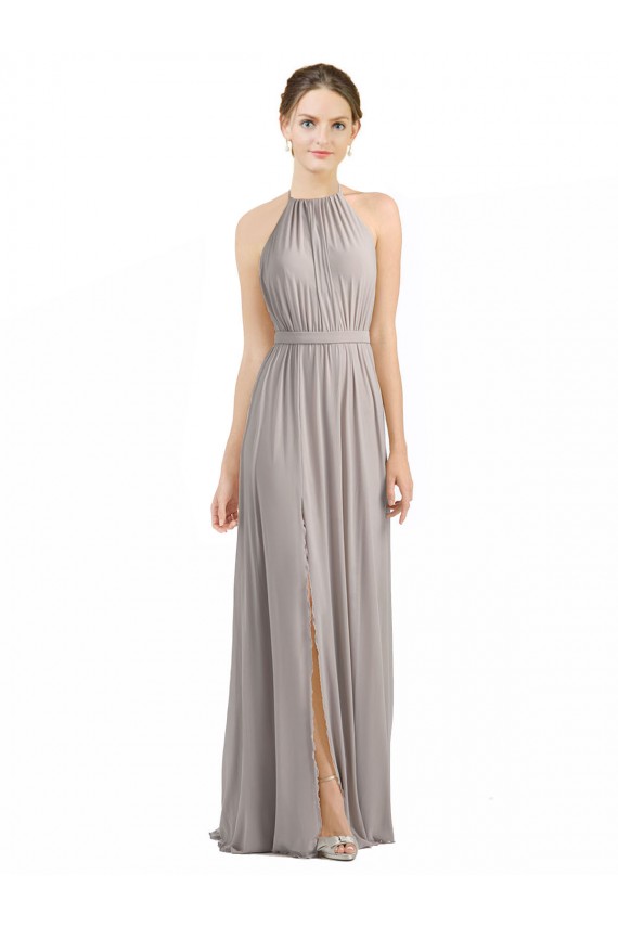 Boutique Oyster Argent Trapèze Licou Mousseline Longue Robes demoiselle d'honneur