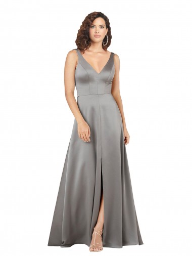 Boutique Pearl Grey Trapèze Col V Satiné Soyeux Longue Formelles Robes demoiselle d'honneur / Robes de soirée / Robes de bal