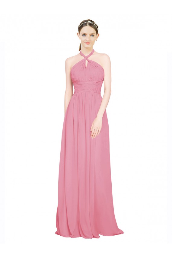 Boutique Peau Rose Trapèze Licou Col V Mousseline Longue Robes demoiselle d'honneur