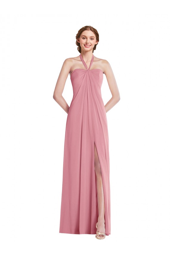 Boutique Peau Rose Trapèze Licou Mousseline Longue Robes demoiselle d'honneur