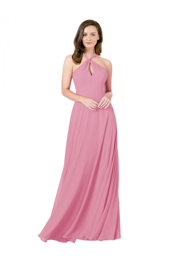 Boutique Peau Rose Trapèze Licou Mousseline Longue Robes demoiselle d'honneur / Robes de bal