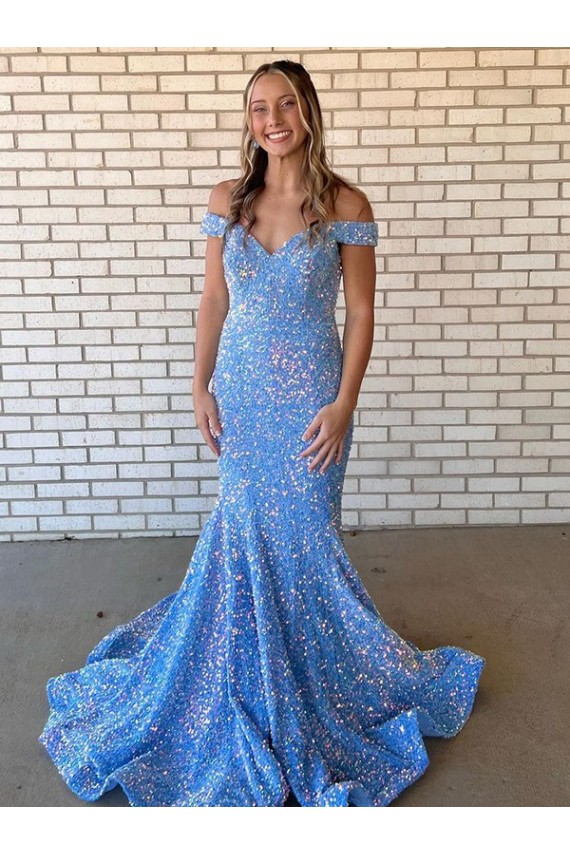 Boutique Periwinkle Sirène Épaule Dénudée Paillettes Velours Longue Robes de bal