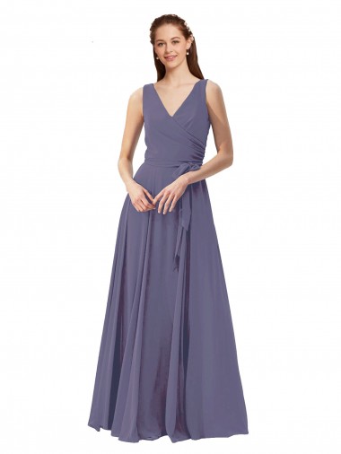 Boutique Pierre d'argent Trapèze Col V Mousseline Longue Robes demoiselle d'honneur