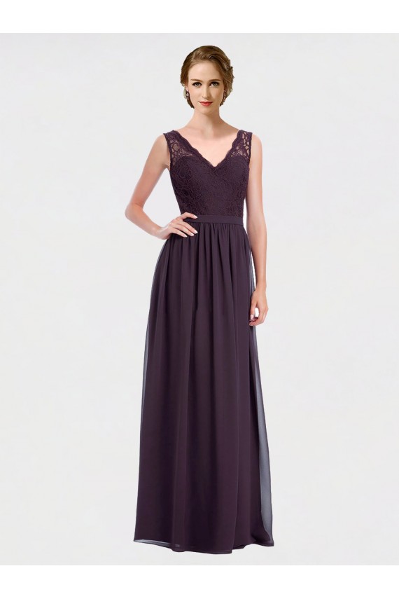 Boutique Pourpre Trapèze Col V Mousseline Dentelle Longue Robes demoiselle d'honneur