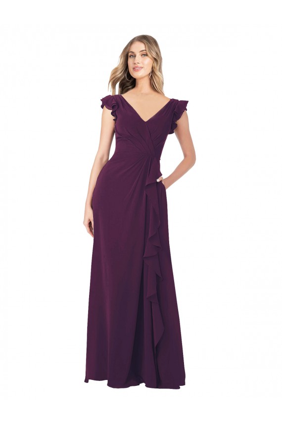 Boutique Pourpre Trapèze Col V Mousseline Longue Robes demoiselle d'honneur