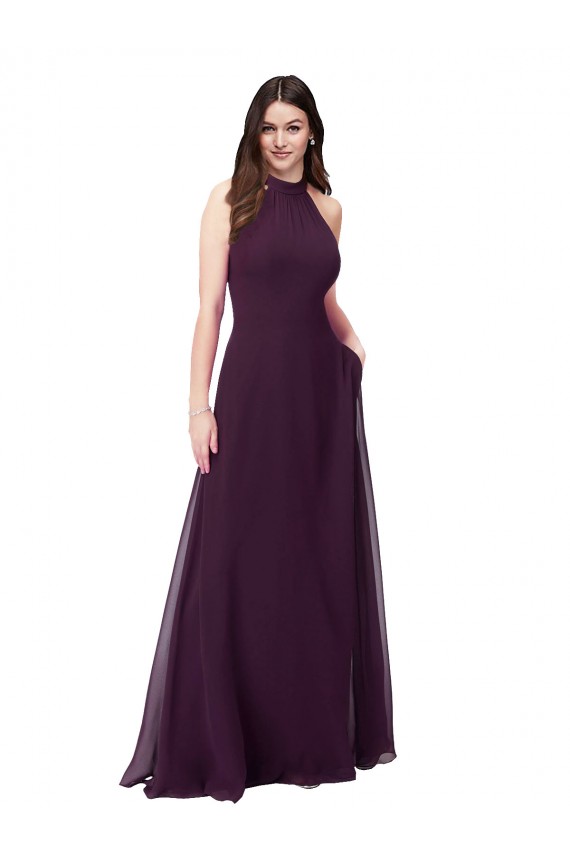 Boutique Pourpre Trapèze Licou Col Haut Mousseline Longue Robes demoiselle d'honneur