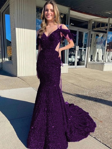 Boutique Prune Fourreau Bretelles spaghetti Col V Traîne moyenne Paillettes Velours Longue Robes de bal