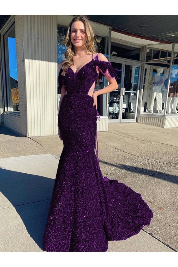 Boutique Prune Fourreau Bretelles spaghetti Col V Traîne moyenne Paillettes Velours Longue Robes de bal