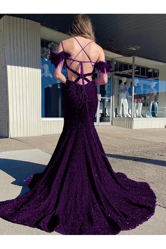 Boutique Prune Fourreau Bretelles spaghetti Col V Traîne moyenne Paillettes Velours Longue Robes de bal