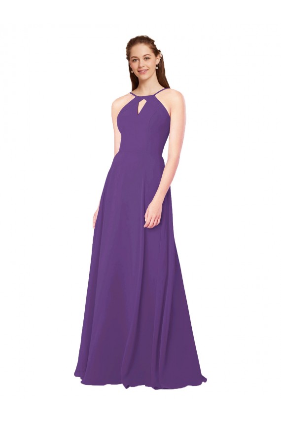Boutique Prune Fourreau Col Haut Mousseline Longue Robes demoiselle d'honneur