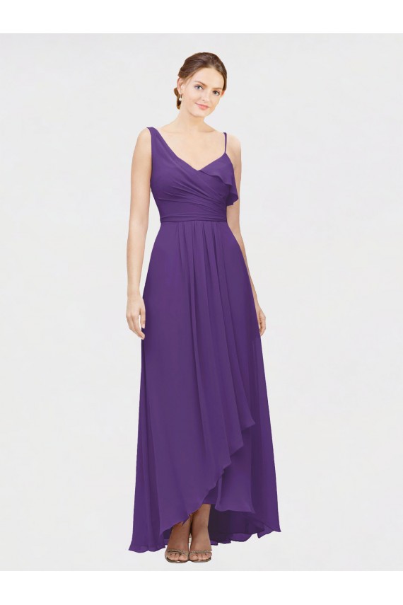 Boutique Prune Trapèze Col V Mousseline Longue Asymétrique Robes demoiselle d'honneur
