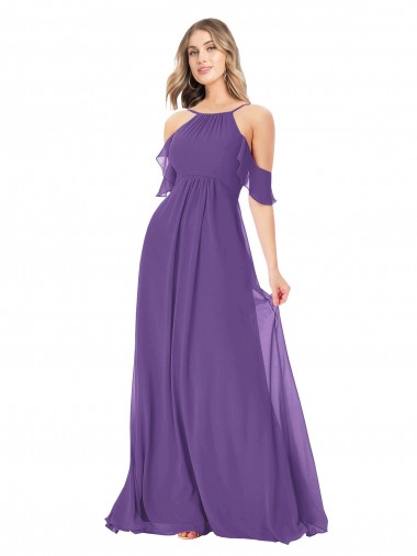 Boutique Prune Trapèze Épaule Dénudée Col Haut Mousseline Longue Robes demoiselle d'honneur