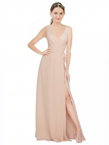 Boutique Rose 114 Trapèze Col V Mousseline Longue Robes demoiselle d'honneur